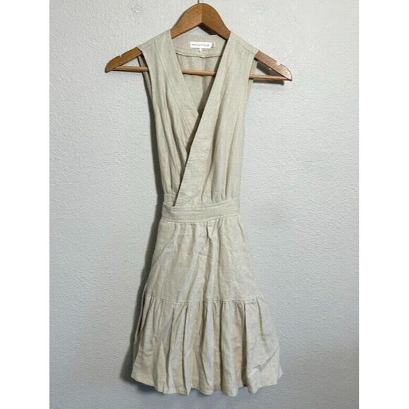 Avec Les Filles Linen Blend Mini Wrap Dress XS Beige Tan Sleeveless V Neck - Picture 2 of 5